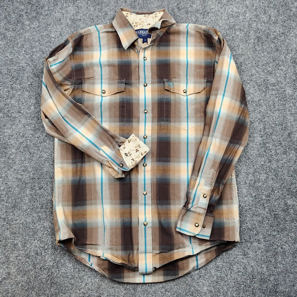 Panhandle‎ Shirt Mens Medium Brown Plaid Western Pearl Snap Long Sleeve Cowboy